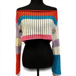 Open Loop Crochet Sweater Off Shoulder Slouch Cropped Flare Sleeves